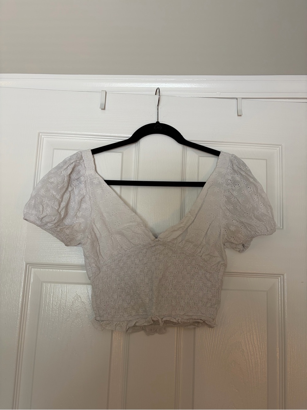 White Eyelet Smocked Crop Top with Puff Sleeves